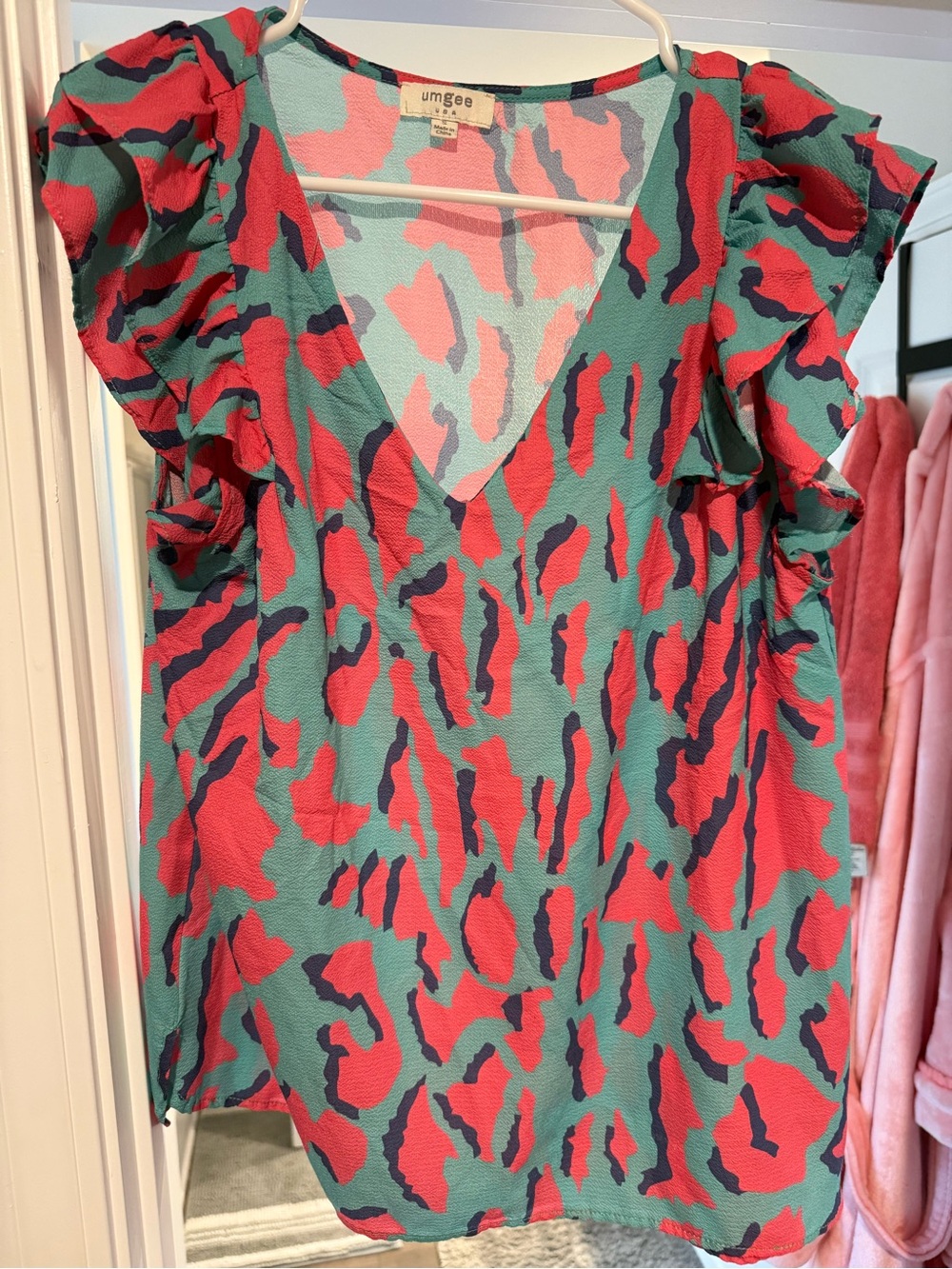 Umgee Teal, Coral & Navy Abstract Print V-Neck Top